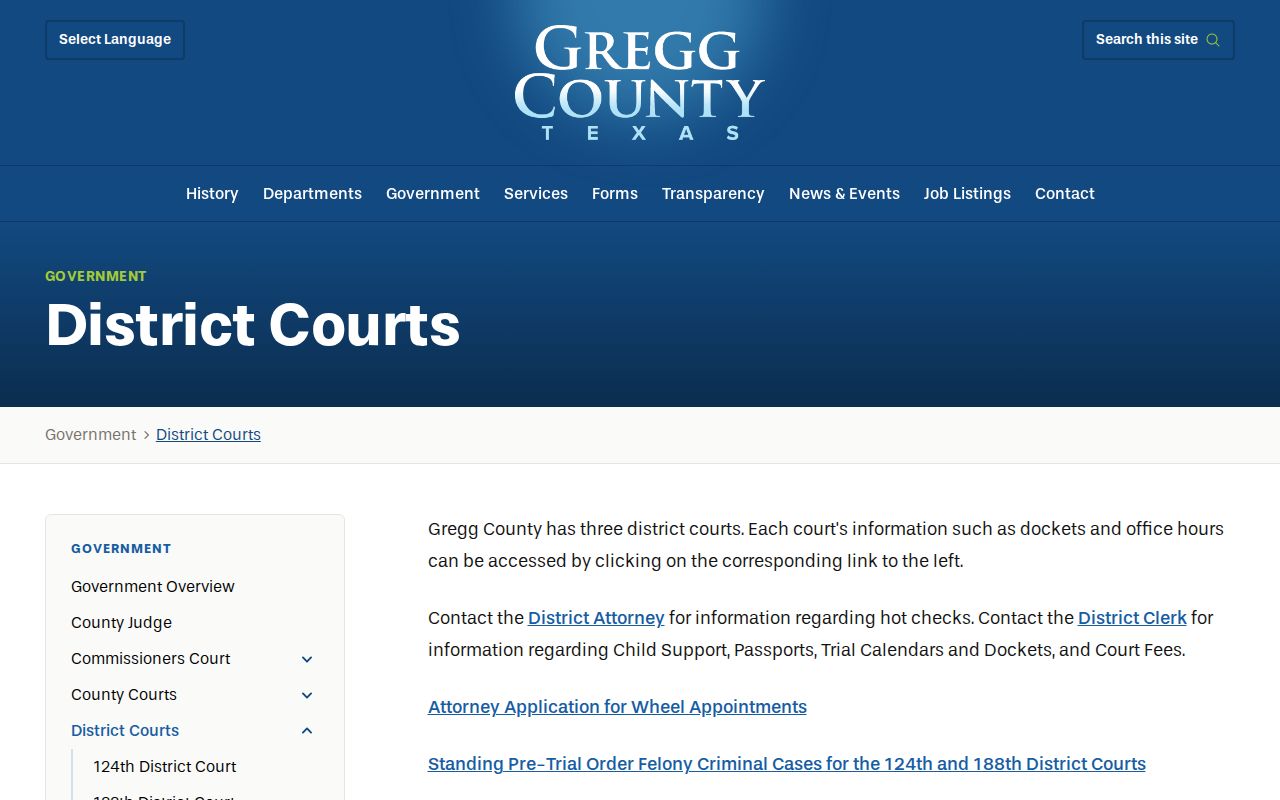 Gregg County warrant court map showing district and family court structure