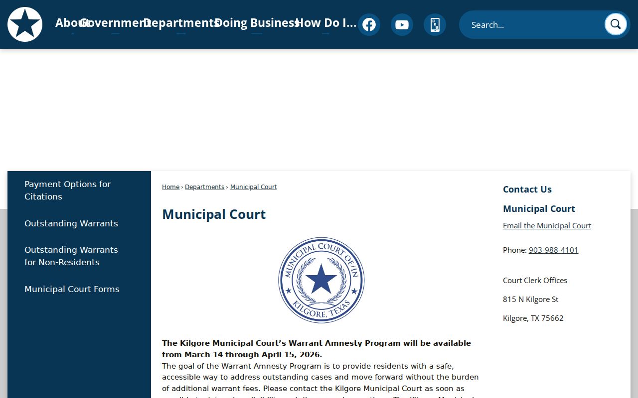 Kilgore warrant records and Municipal Court session information