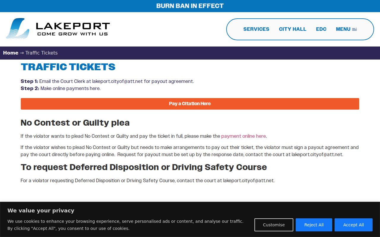 Lakeport warrant and traffic-ticket clerk contact with online payment instructions