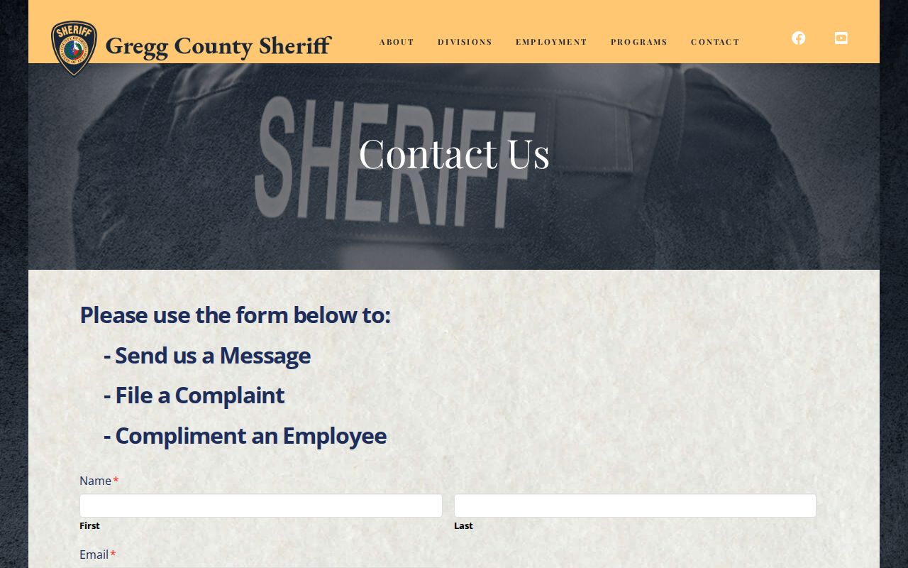 Gregg County warrant record contact form with a sensitive-information warning
